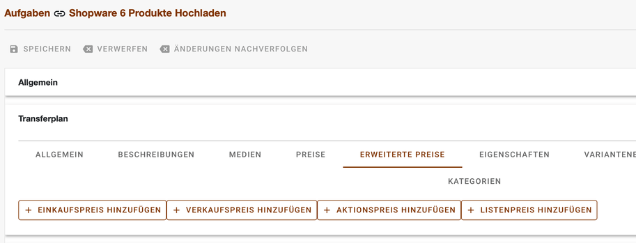 Register Erweiterte Preise im Transferplan mit den Schaltflächen zum Hinzufügen der Preisarten