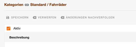 Detailansicht einer Kategorie mit dem neuen Kontrollkästchen Aktiv über dem Bereich Beschreibung