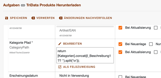 Feld Kategorie Pfad im Transferplan mit dem Skript, das weitere Kategorien aus einem Beschreibungsfeld anfügt