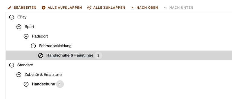 Kategoriebaum eines Produkts mit den Prioritäten als Ziffern in runden Abzeichen