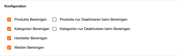 Bereich Konfiguration mit den Kontrollkästchen zum Bereinigen von Produkten, Kategorien, Herstellern und Medien