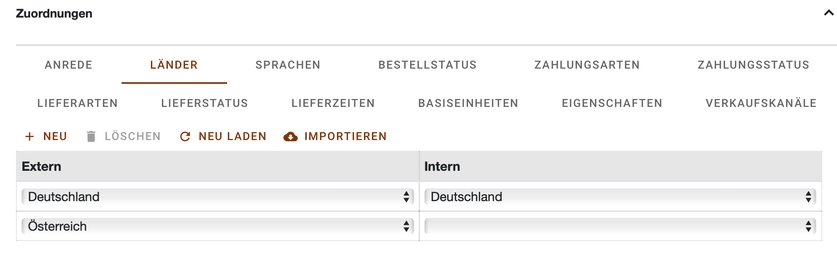 Register Länder der Kanalzuordnungen mit Deutschland zugewiesen und Österreich ohne interne Zuordnung