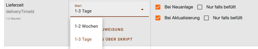 Feld Lieferzeit im Transferplan mit dem geöffneten Auswahlfeld für einen festen Wert