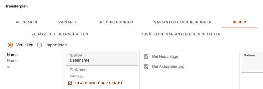 Register Bilder im Transferplan mit der Wahl zwischen Verlinken und Importieren