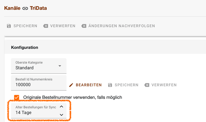 Bereich Konfiguration des TriData-Kanals mit dem hervorgehobenen Feld Alter Bestellungen für Sync