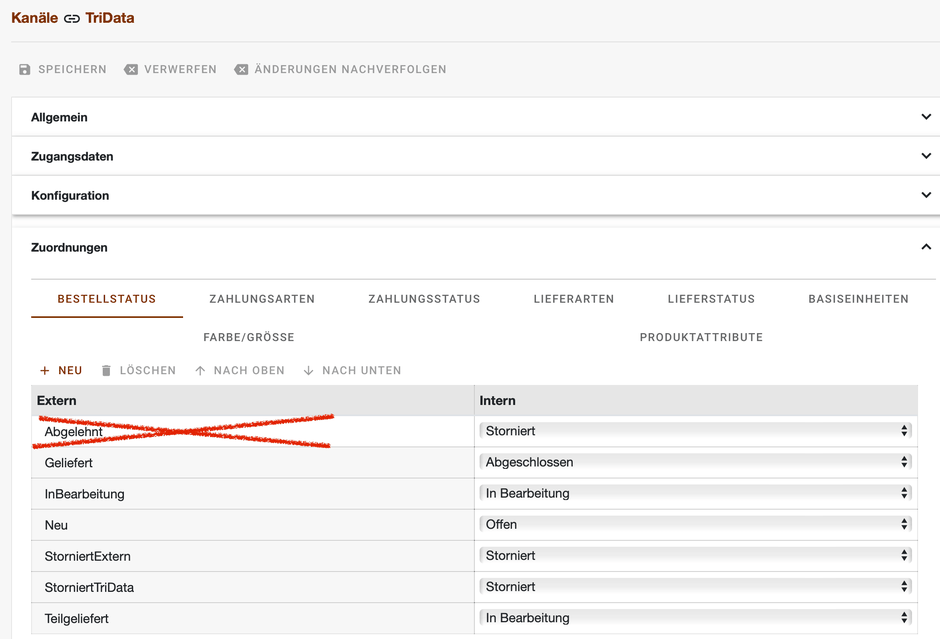 Register Bestellstatus der TriData-Zuordnungen mit der durchgestrichenen Zuordnung von Abgelehnt