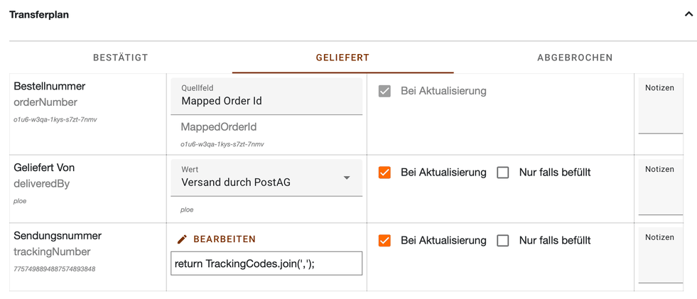 Register Geliefert im Transferplan des Bestellstatus mit der Zuweisung der Sendungsnummer