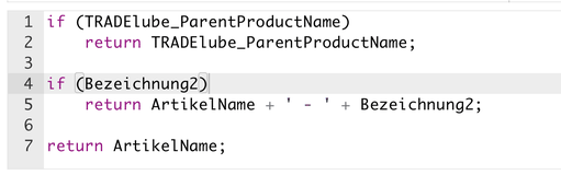 Skripteditor mit dem Feld TRADElube_ParentProductName für den Namen des Vaterprodukts
