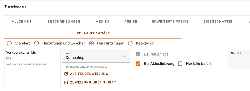 Register Verkaufskanäle im Transferplan mit den vier Zuweisungsarten und dem Feld Verkaufskanal Ids