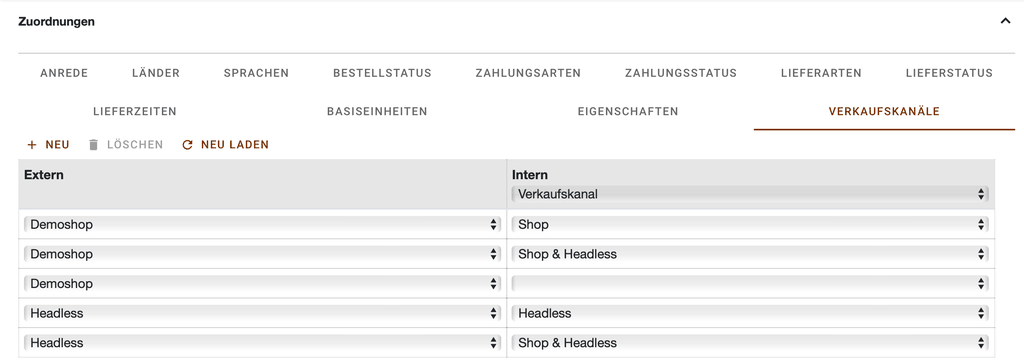 Register Verkaufskanäle der Kanalzuordnungen mit den Zuweisungen von Demoshop und Headless