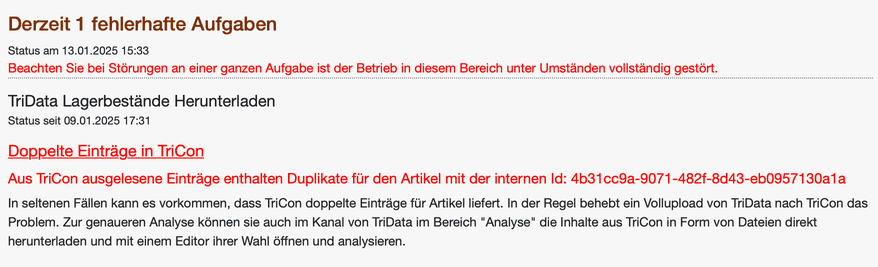 Status-Mail mit der gestörten Aufgabe TriData Lagerbestände Herunterladen und dem Fehler Doppelte Einträge in TriCon