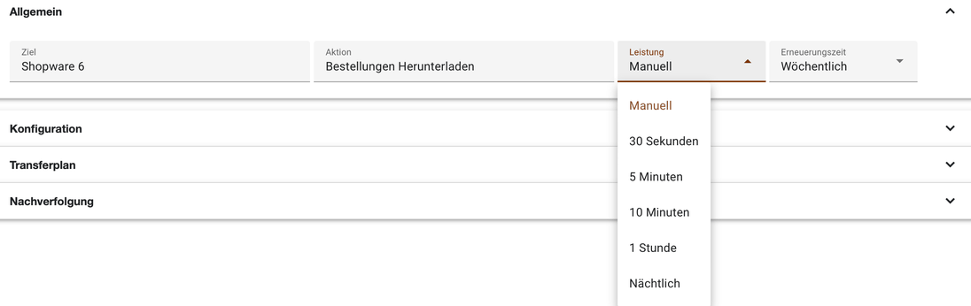 Bereich Allgemein einer Aufgabe mit dem geöffneten Auswahlfeld Leistung und seinen Zeitintervallen