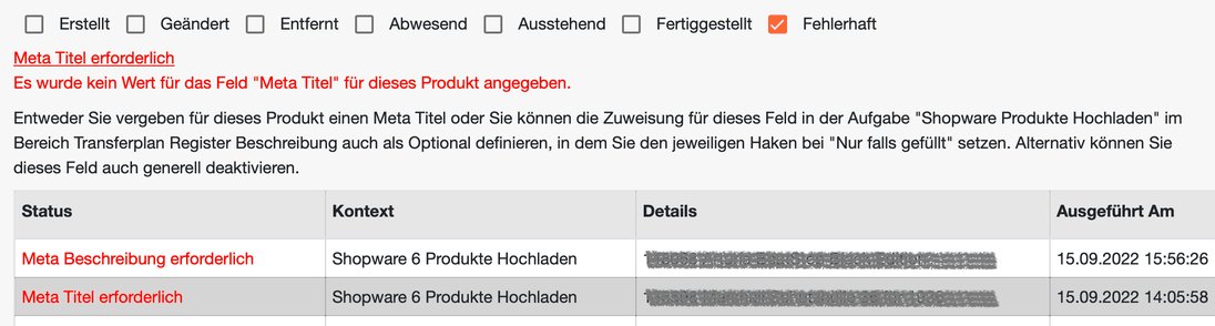 Nachverfolgung mit dem Filter Fehlerhaft und der verständlichen Beschreibung zum Fehler Meta Titel erforderlich