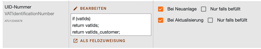 Feld UID-Nummer im Transferplan mit dem Skript, das auf die UID des Kundendatensatzes zurückfällt