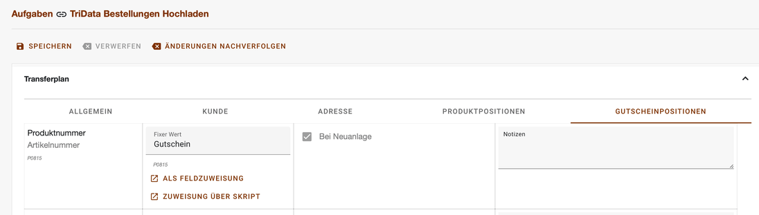 Register Gutscheinpositionen mit der Artikelnummer als fixem Wert und den Verweisen auf Feldzuweisung und Skript