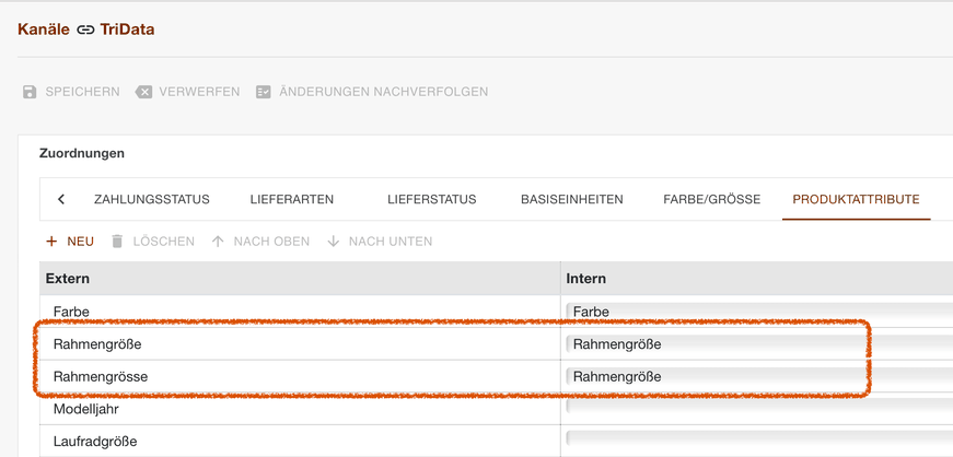 Register Produktattribute mit zwei Schreibweisen von Rahmengröße auf dieselbe Eigenschaft
