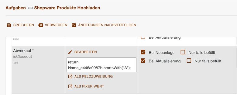 Feld Abverkauf im Transferplan mit einem Skript, das den Produktnamen auswertet