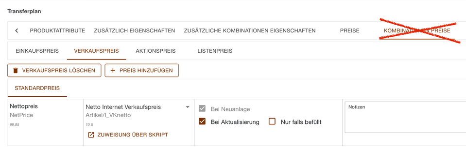 Register Preise im Transferplan mit dem durchgestrichenen Register Kombinationen Preise