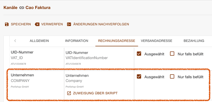 Register Rechnungsadresse im Transferplan mit dem Feld Unternehmen und der Skriptzuweisung