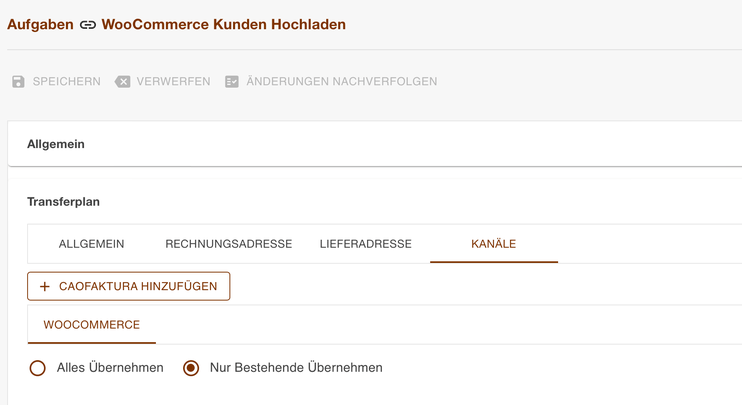 Register Kanäle der Aufgabe WooCommerce Kunden Hochladen mit Nur Bestehende Übernehmen
