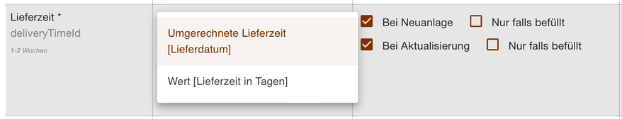 Feld Lieferzeit mit der Wahl zwischen umgerechneter Lieferzeit und Lieferzeit in Tagen
