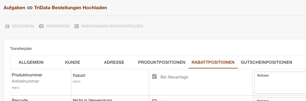 Transferplan der Bestellungen mit dem neuen Register Rabattpositionen neben den Gutscheinpositionen