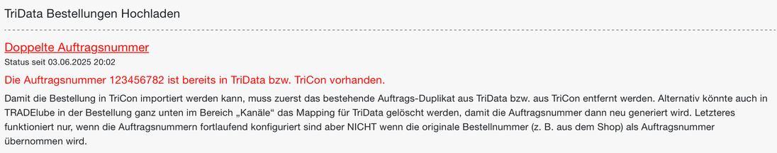Status-Mail mit dem Fehler Doppelte Auftragsnummer beim Hochladen der TriData-Bestellungen