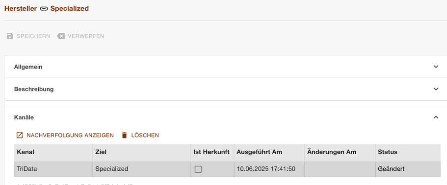 Bereich Kanäle eines Herstellers mit dem TriData-Eintrag in der Zuordnungstabelle
