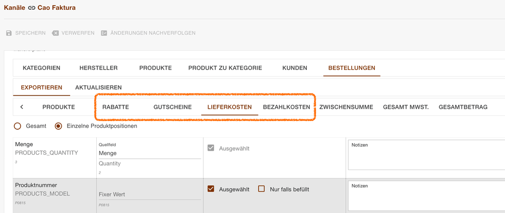 Bestellexport mit der Wahl zwischen Gesamt und Einzelnen Produktpositionen für die Zusatzposten