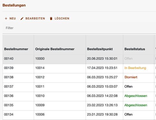 Bestellübersicht mit farblich gekennzeichneten Bestellstatus von Offen bis Storniert