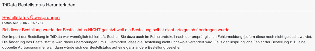 Status-Mail mit der Meldung Bestellstatus Übersprungen nach einer fehlerhaften Bestellung
