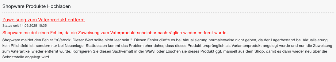 Status-Mail mit dem Fehler Zuweisung zum Vaterprodukt entfernt beim Hochladen nach Shopware