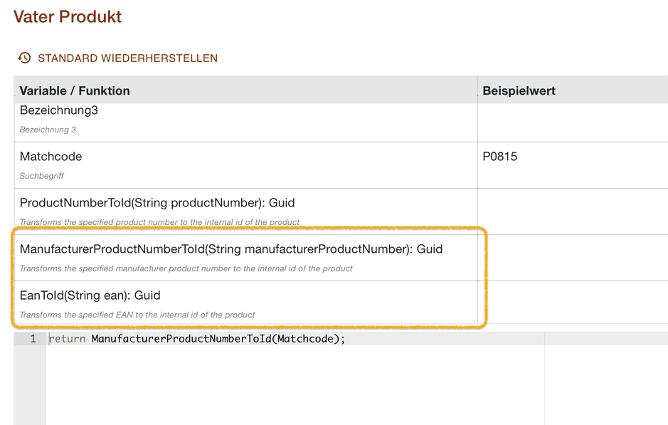 Skripteditor des Vater Produkts mit den Funktionen ManufacturerProductNumberToId und EanToId