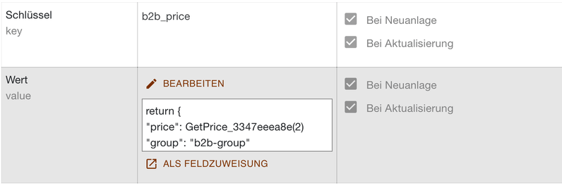 Metadaten-Zuweisung mit dem Schlüssel b2b_price und einem Skript, das den Preis liefert