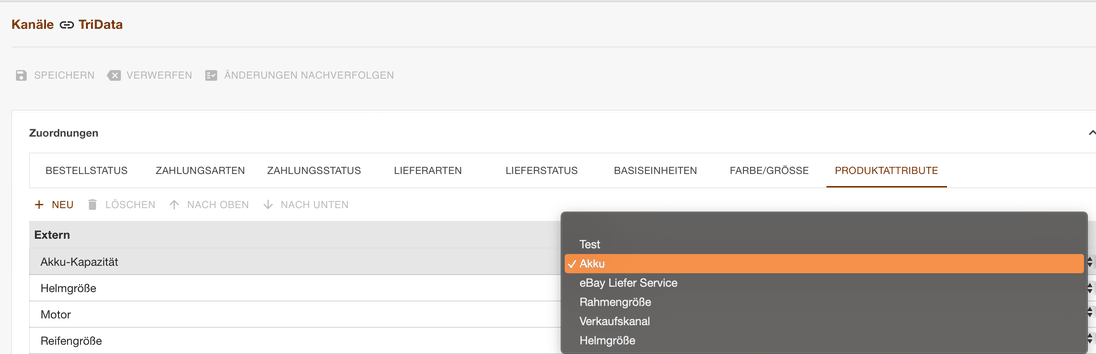Register Produktattribute der TriData-Zuordnungen mit der sortierten internen Auswahl