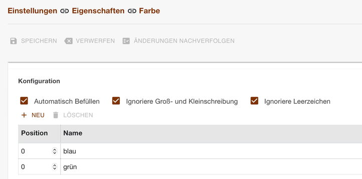 Konfiguration der Eigenschaft Farbe mit Ignoriere Groß- und Kleinschreibung und Ignoriere Leerzeichen
