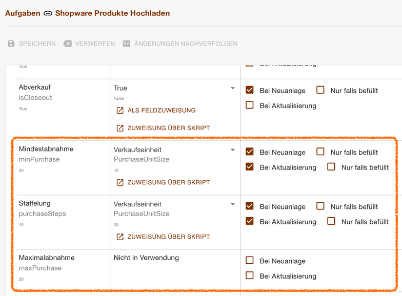 Transferplan mit den hervorgehobenen Feldern Mindestabnahme, Staffelung und Maximalabnahme