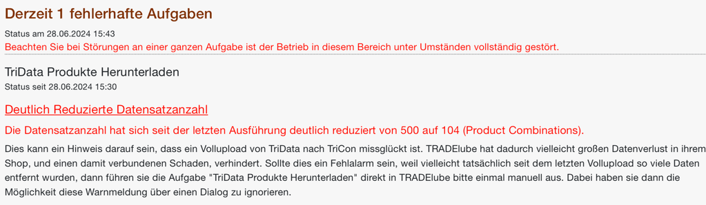Status-Mail mit der Meldung Deutlich Reduzierte Datensatzanzahl von 500 auf 104