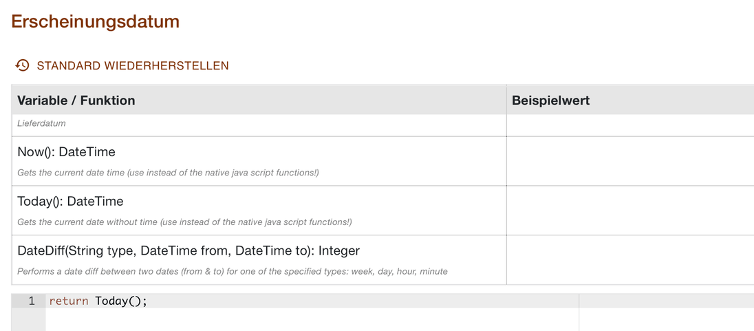 Skripteditor des Erscheinungsdatums mit den Datumsfunktionen und dem Skript return Today()