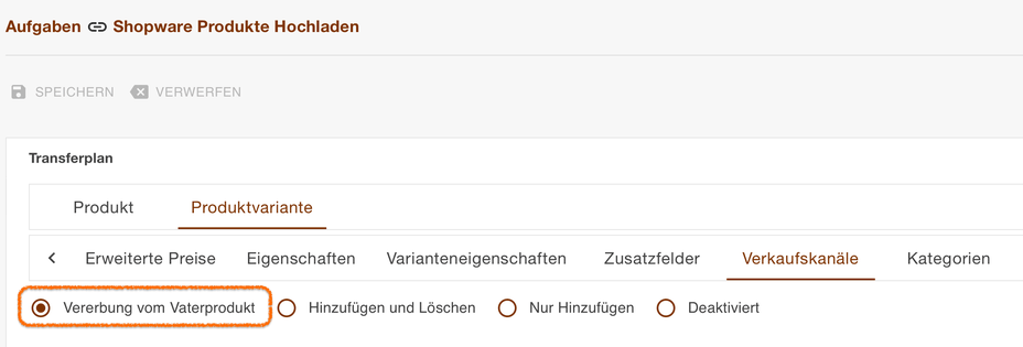 Register Verkaufskanäle der Produktvariante mit der gewählten Vererbung vom Vaterprodukt