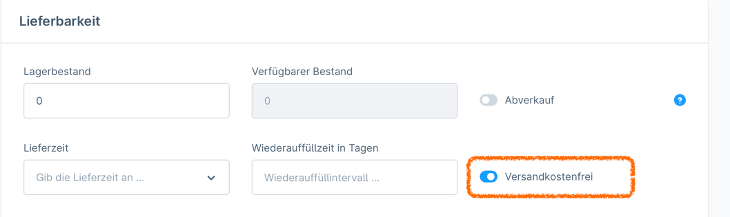 Bereich Lieferbarkeit in Shopware mit dem hervorgehobenen Schalter Versandkostenfrei