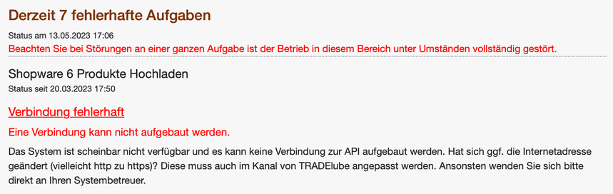 Status-Mail mit der Aufgabe Shopware Produkte Hochladen und dem Fehler Verbindung fehlerhaft