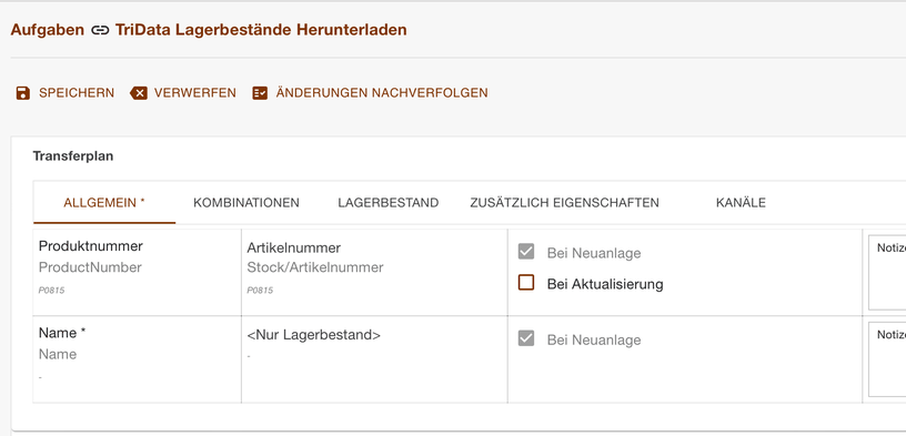 Register Allgemein der Lagerbestandsaufgabe mit der Zuweisung von Produktnummer und Name