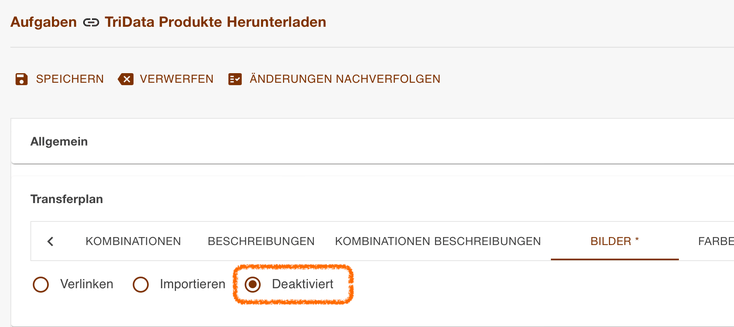 Register Bilder im Transferplan mit der hervorgehobenen Option Deaktiviert