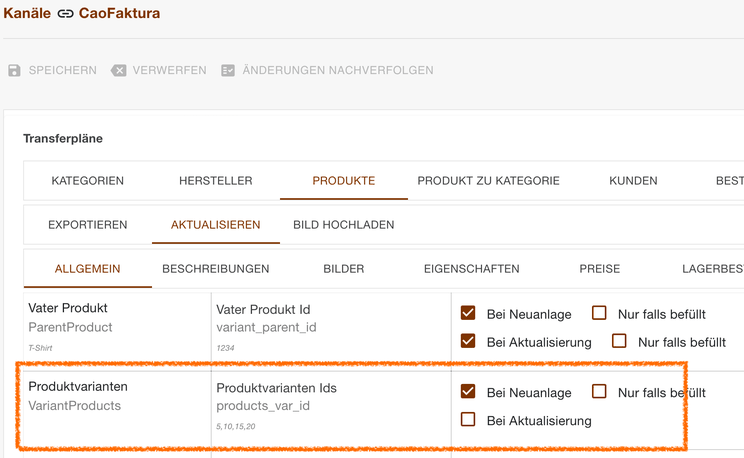 Transferplan von CAO-Faktura mit der hervorgehobenen Zuweisung der Produktvarianten Ids