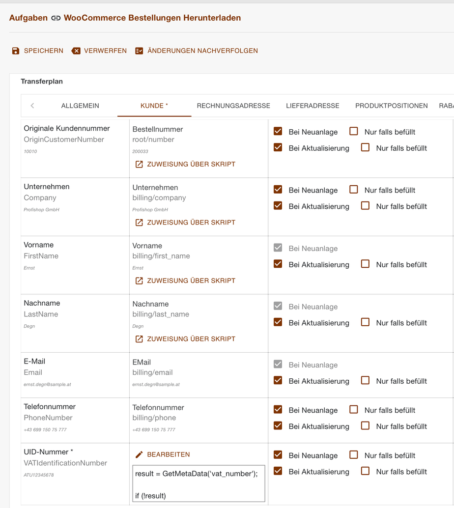 Register Kunde im Transferplan der WooCommerce-Bestellungen mit dem Skript für die UID-Nummer
