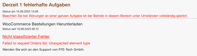 Status-Mail mit dem nicht klassifizierten Fehler beim Herunterladen der WooCommerce-Bestellungen