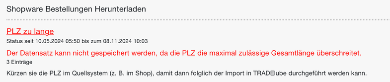 Status-Mail mit dem Fehler PLZ zu lange beim Herunterladen der Shopware-Bestellungen
