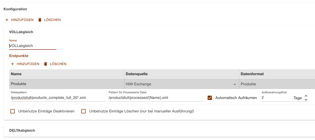 Bereich Konfiguration einer Aufgabe mit den beiden Konfigurationen VOLLabgleich und DELTAabgleich