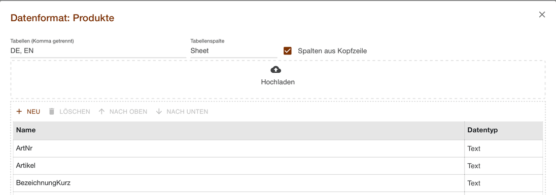 Datenformat Produkte mit den Tabellenblättern DE und EN und der Option Spalten aus Kopfzeile